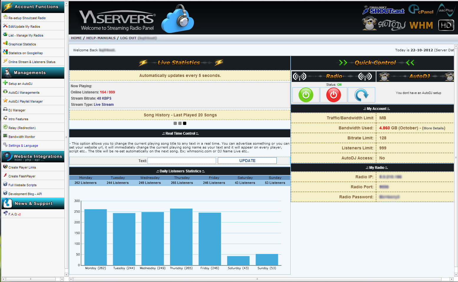Panel Control Streaming Radio Audio Shoutcast